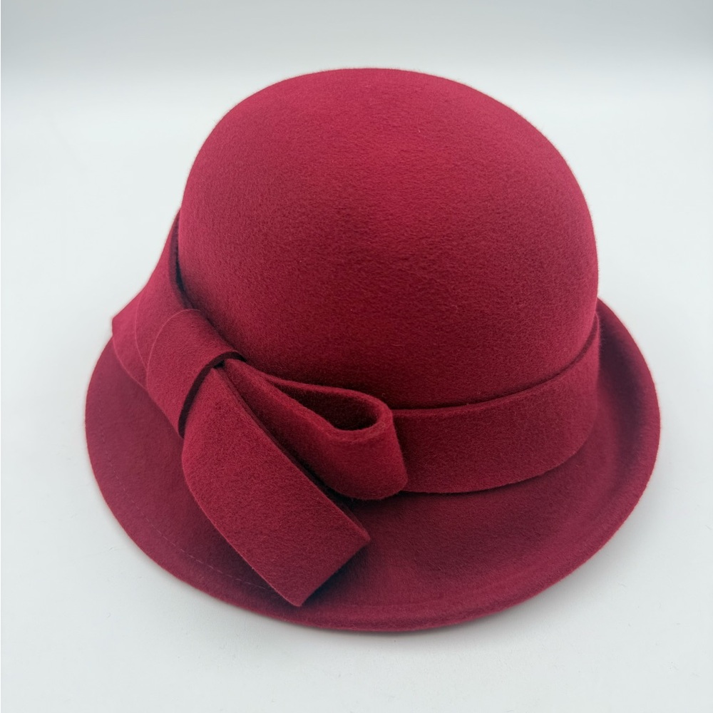 Bellady Cloche Red 100% Wool VTG Fedora Style Bow Dress Hat Church Chic Hat NWT